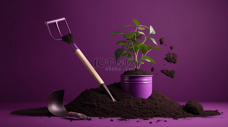 园艺工具和小植物种植在孤立的紫