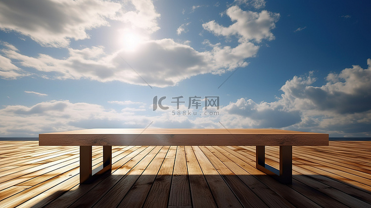 从 3d 的木桌看阳光普照的天空