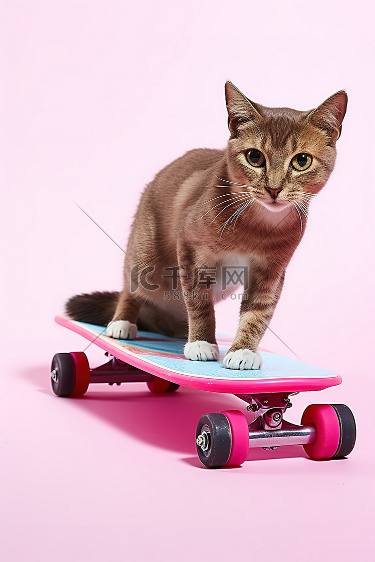 上面有一只猫的粉色滑板