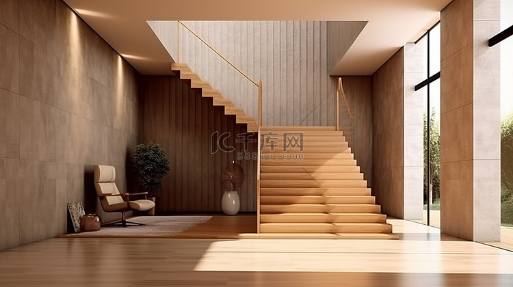 走廊中的现代楼梯 3D 渲染设计
