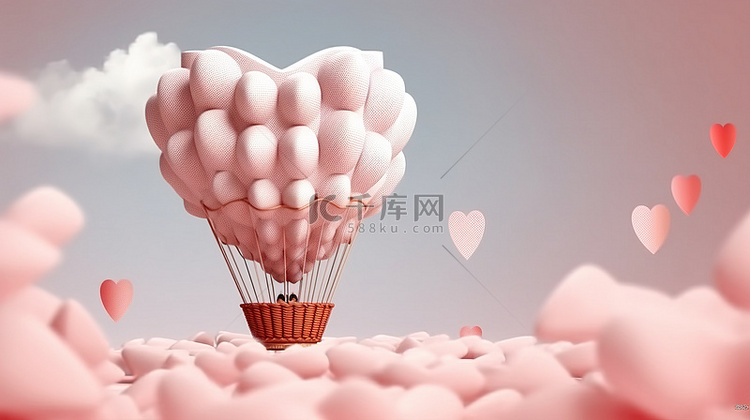心形气球 3D 插图，庆祝欢乐