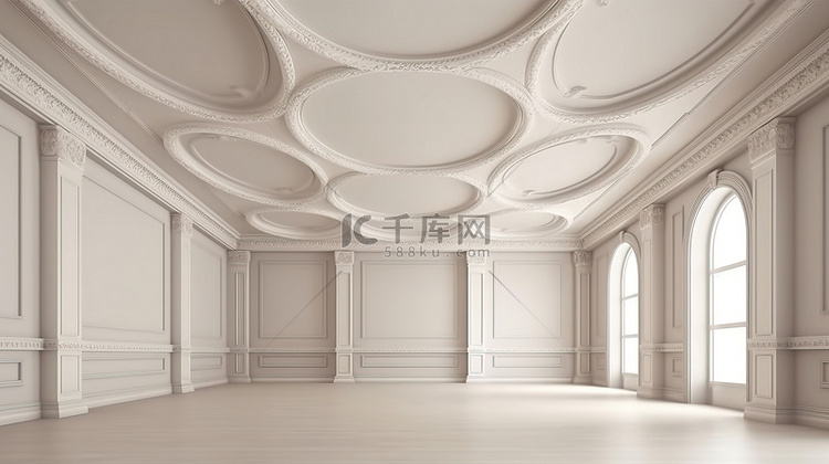 空房间的 3D 渲染装饰天花板