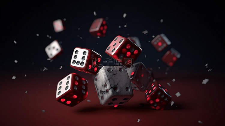 赌场骰子落入 3D 渲染的插图设计
