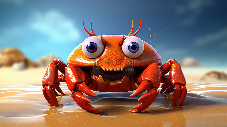 异想天开的 3D 螃蟹插图，带