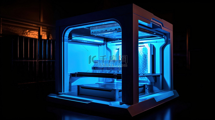 带蓝色背光的未来派 3D 打印