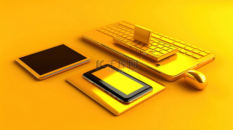 黄色背景与手机和平板电脑的 3
