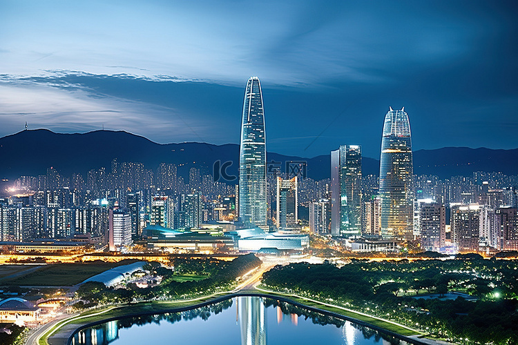 韩国城市在晚上与周围的摩天大楼