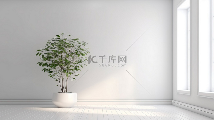 3D 渲染中带盆栽植物的简约空间