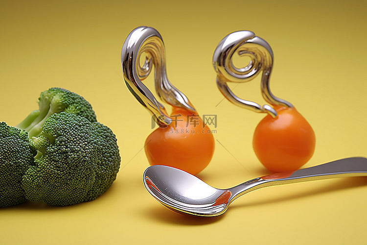 桃子西兰花螺旋勺子和不锈钢勺子