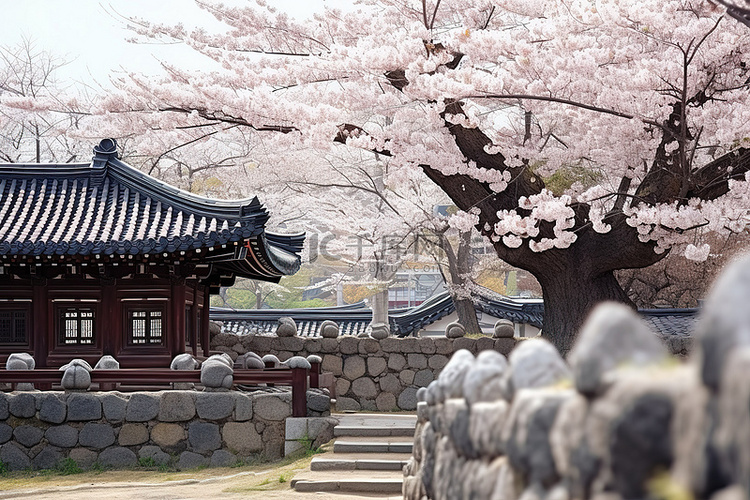 公园里鲜花盛开的韩国小镇