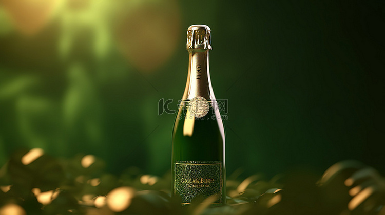 香槟瓶特写在绿色背景上，景色令