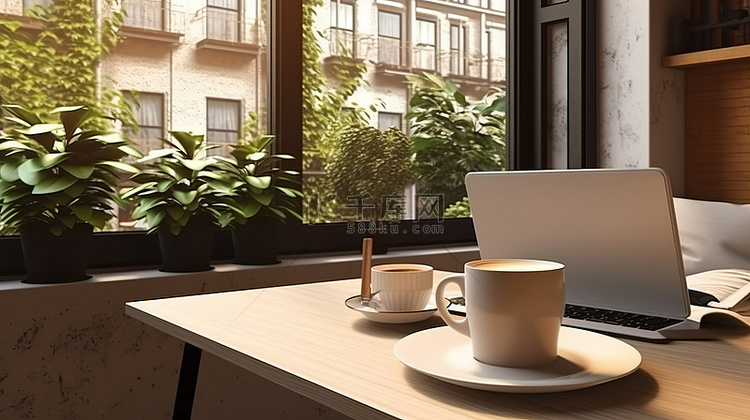 未来派咖啡店氛围，窗边桌子上有
