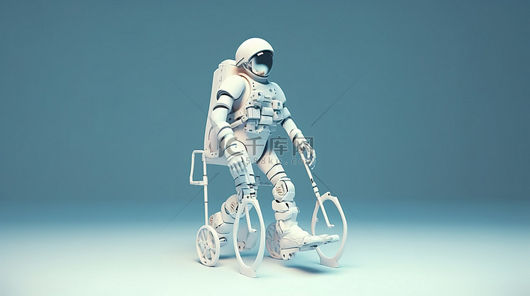 3D 插图设计宇航员利用轮椅和