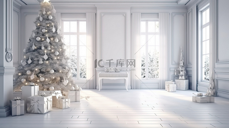 节日 3D 渲染以圣诞树为特色