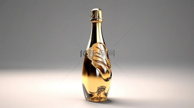 背景上孤立的金色香槟瓶的 3D