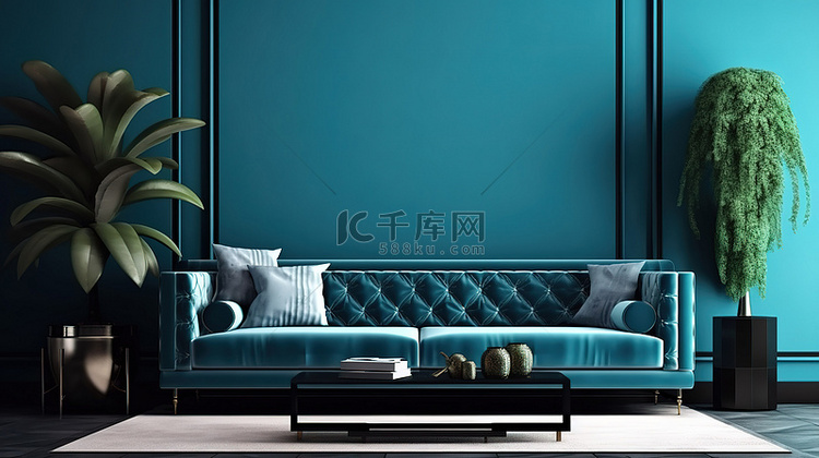 现代客厅中优雅的蓝色天鹅绒沙发
