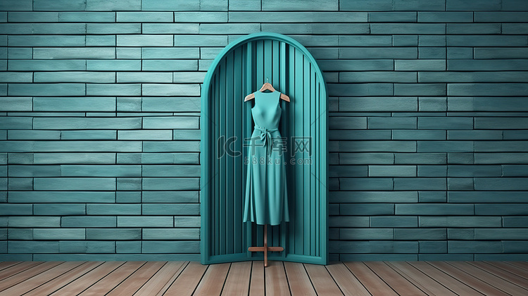 蓝色折叠木裙屏的 3D 渲染，
