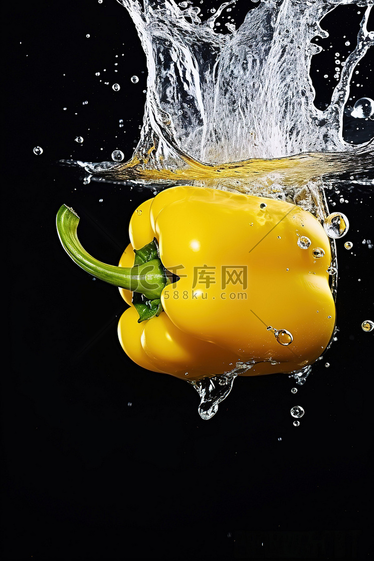 黄辣椒在水中溅起的照片