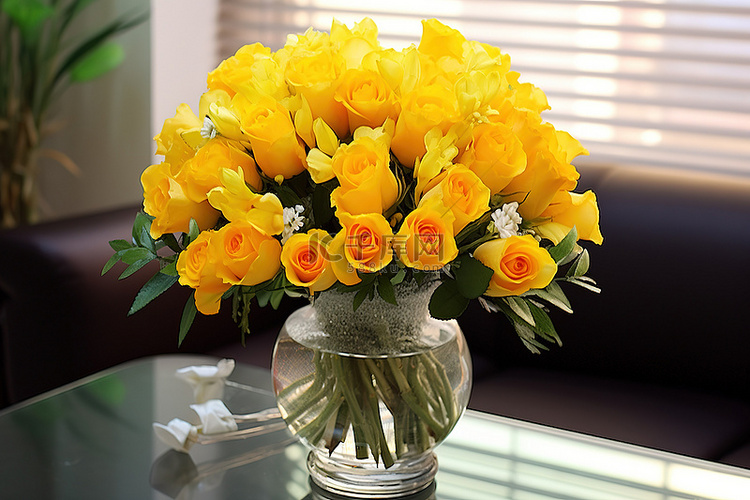 桌上玻璃花瓶里的黄玫瑰