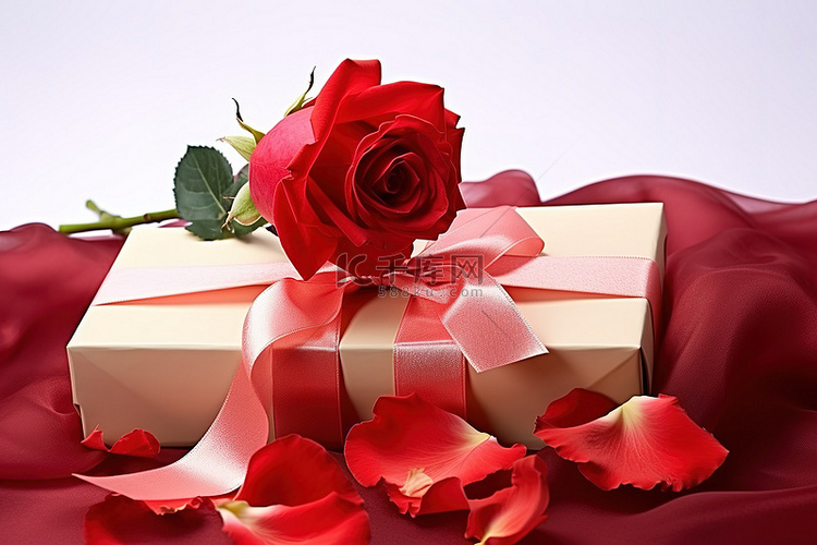 红玫瑰和白色背景上的礼物