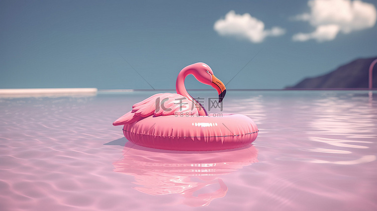 暑假概念粉红色火烈鸟漂浮在波光