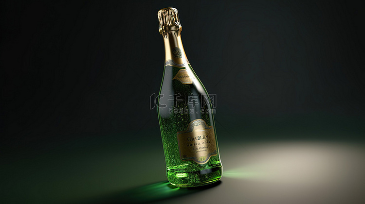 绿色模型中浮动香槟瓶的 3D 渲染