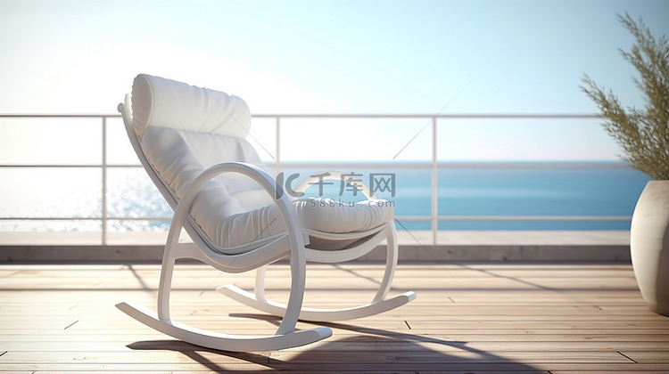 海滨特写 3D 渲染木地板摇椅