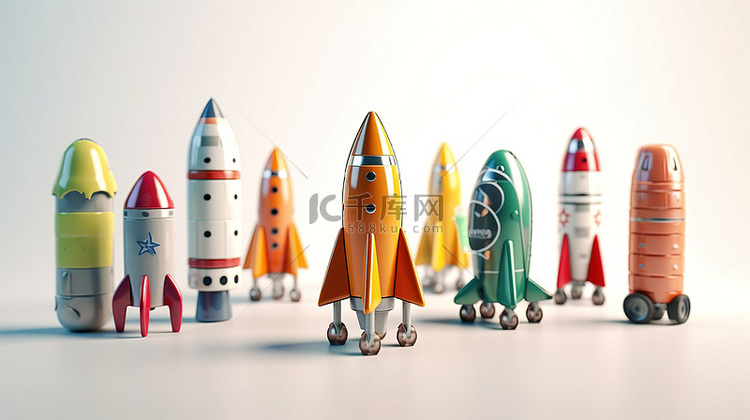 3D 渲染中玩具宇宙飞船和火箭