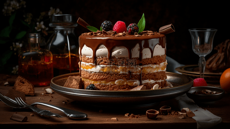 巧克力奶油水果蛋糕甜品美食摄影