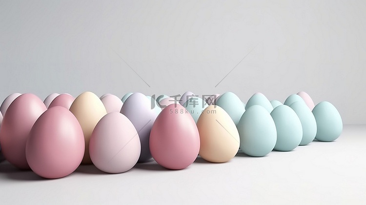 柔和的彩色鸡蛋排列在白蛋托盘上