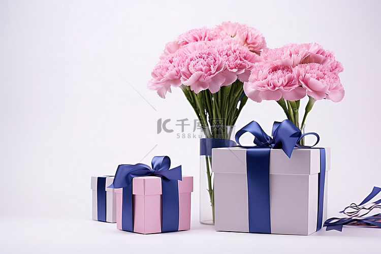 康乃馨盒丝带和礼物