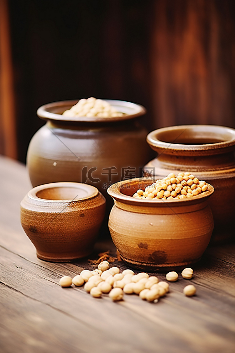 木桌上三罐不同的大豆