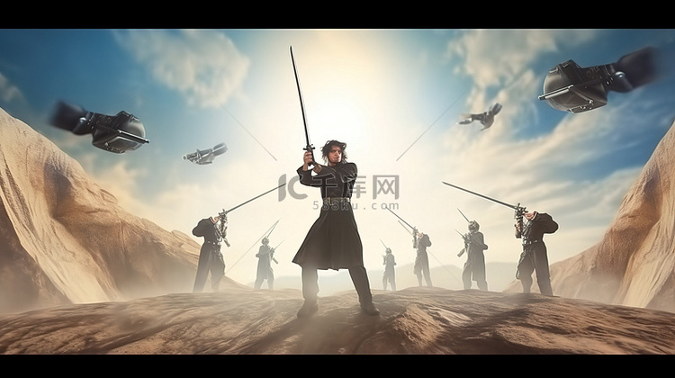 虚拟现实游戏男子用剑和枪决斗，