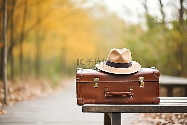长凳上的棕色手提箱，戴着帽子
