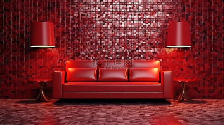 客厅马赛克充满活力的红色墙壁，