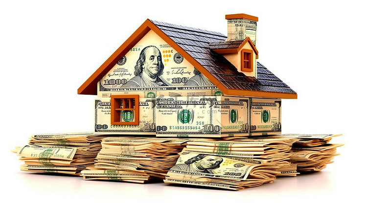 房子和钱堆的白色背景 3D 插图