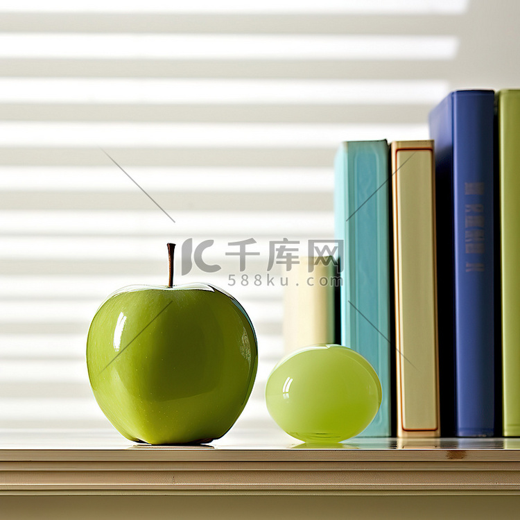 一个青苹果放在一堆空书架上