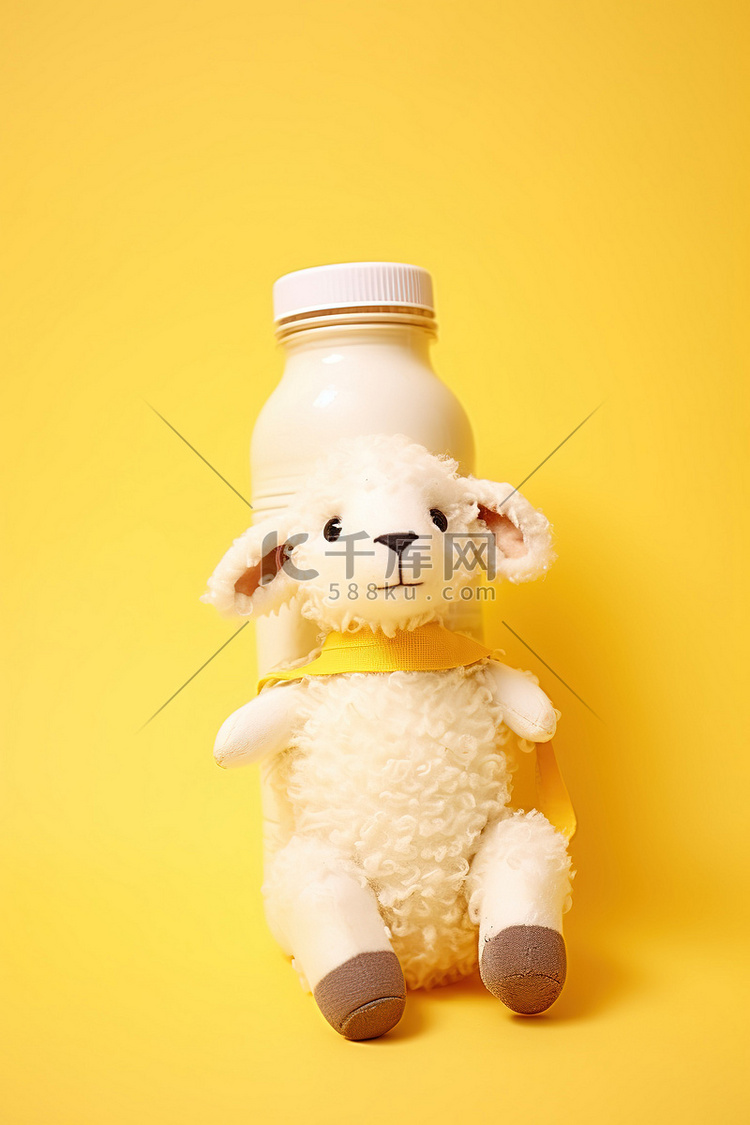 黄色背景中的填充羊拿着瓶装牛奶