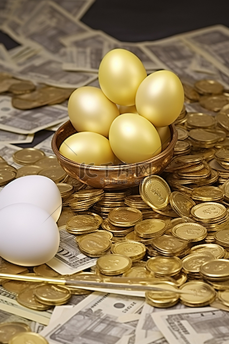 货币桌上一堆金卡的三个金蛋