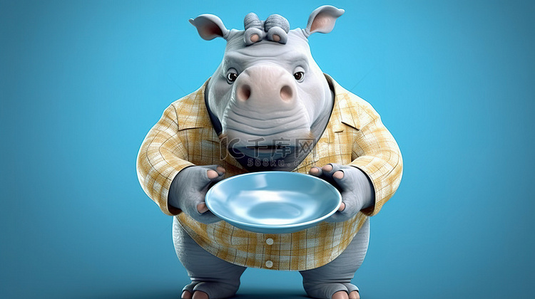 幽默的 3D 犀牛人物抓着盘子