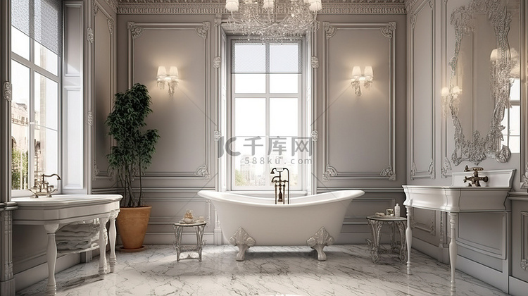 以 3d 呈现的经典风格的浴室内饰