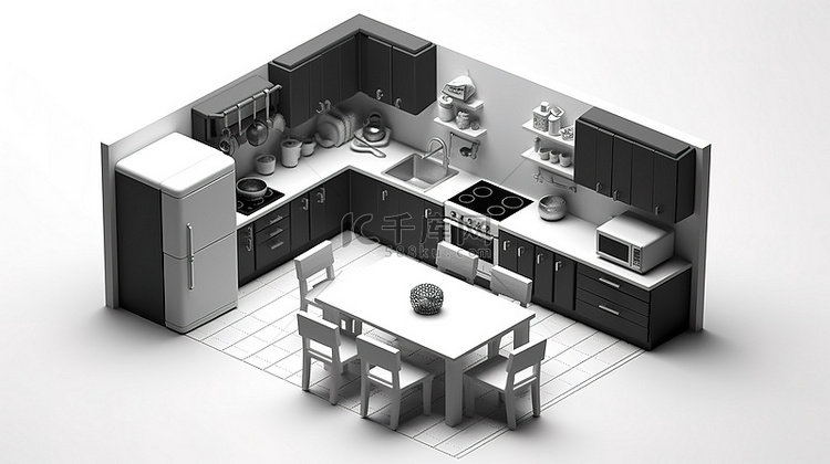 等距厨房的单色 3D 图标，配