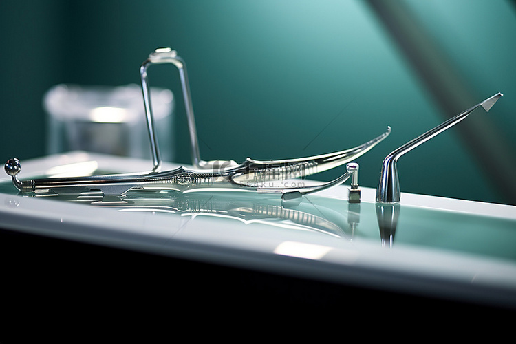 牙科医生的工具放在玻璃床上