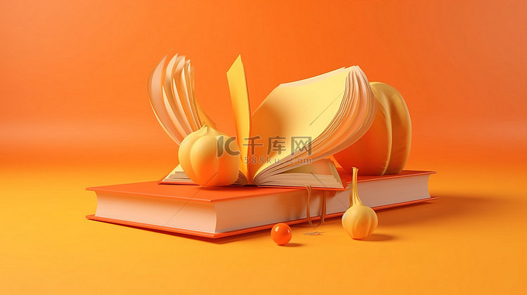 学校主题 3d 渲染橙色背景与