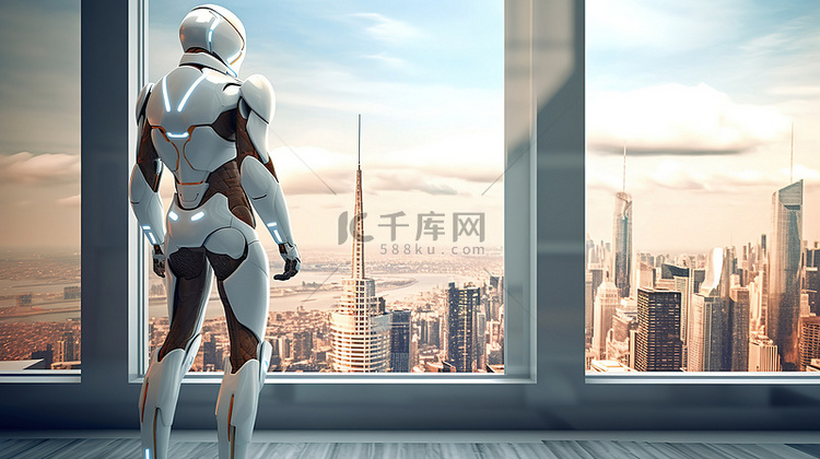 未来城市景观机器人站在科幻背景