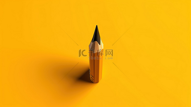 在黄色背景上绘制的铅笔的 3d