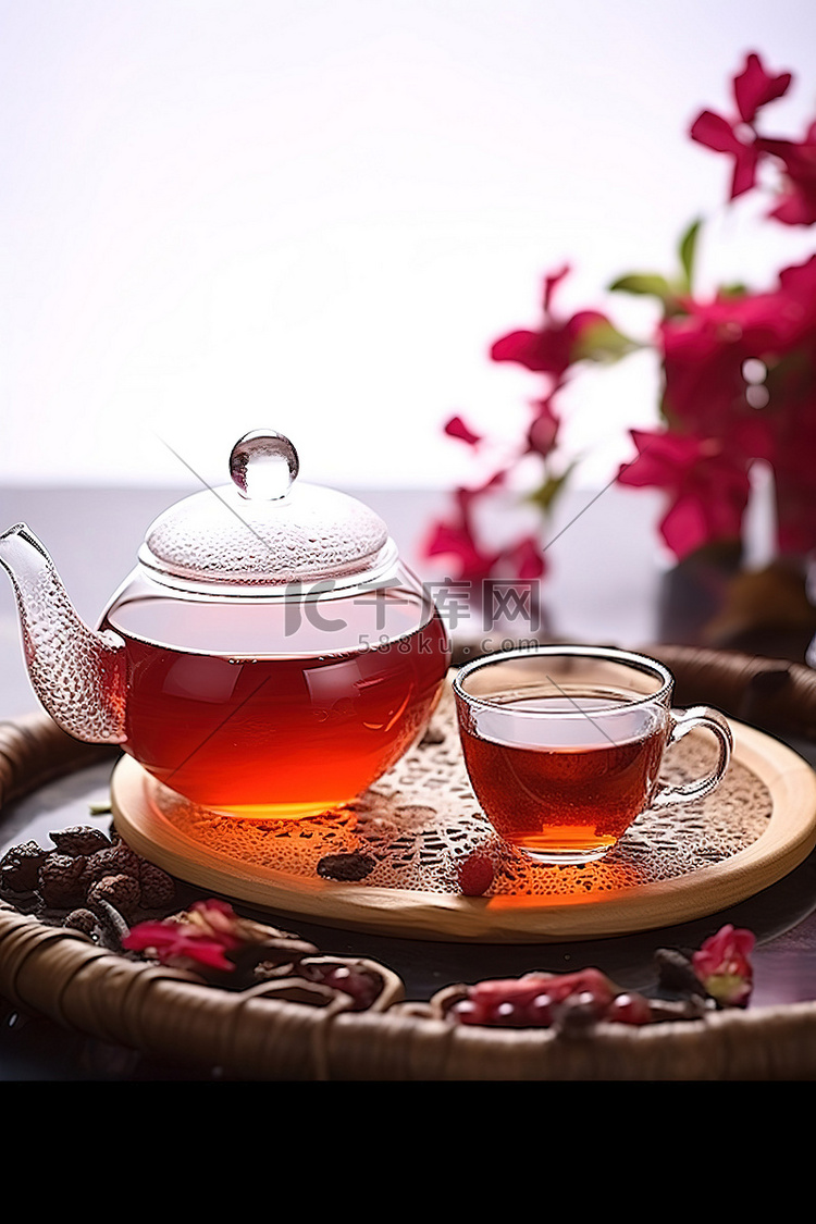 红色茶杯配玻璃茶壶