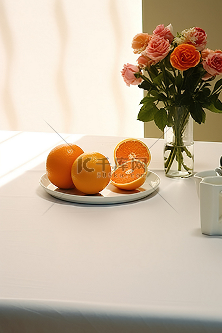 一张白色的桌子，上面有一些水果