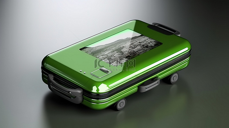 绿色旅行箱的渲染 3D 图像和
