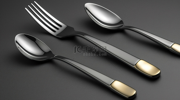 灰色背景上配有金属叉勺和刀的餐